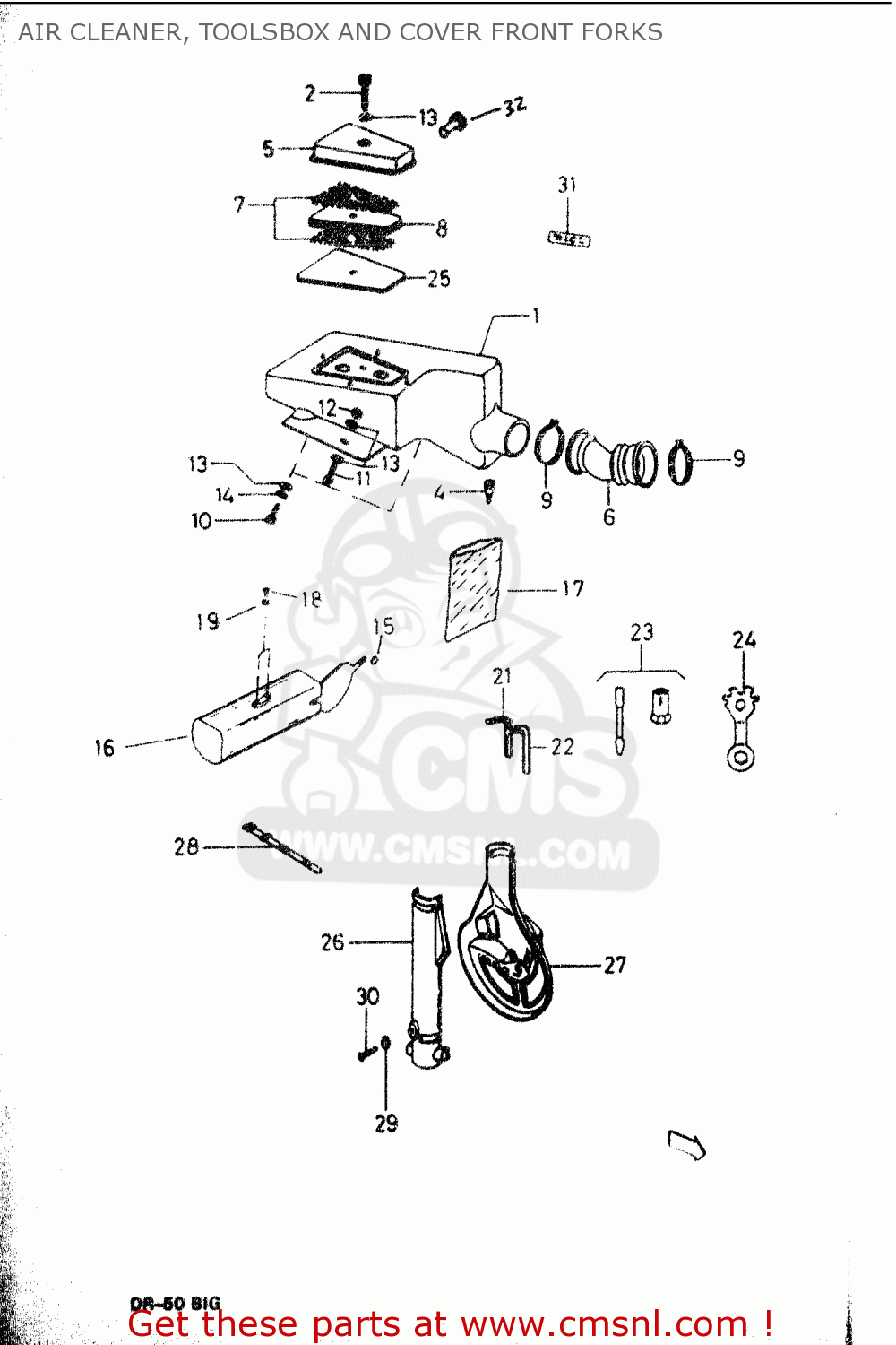 AIR CLEANER, TOOLSBOX AND COVER FRONT FORKS DR50 BIG 1986 (G)
