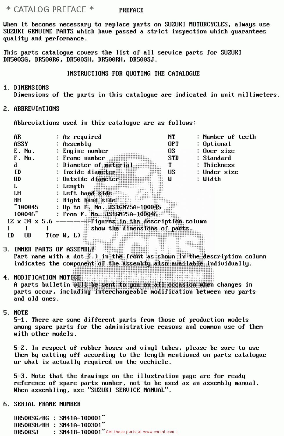 * CATALOG PREFACE * DR500S 1986 (G)