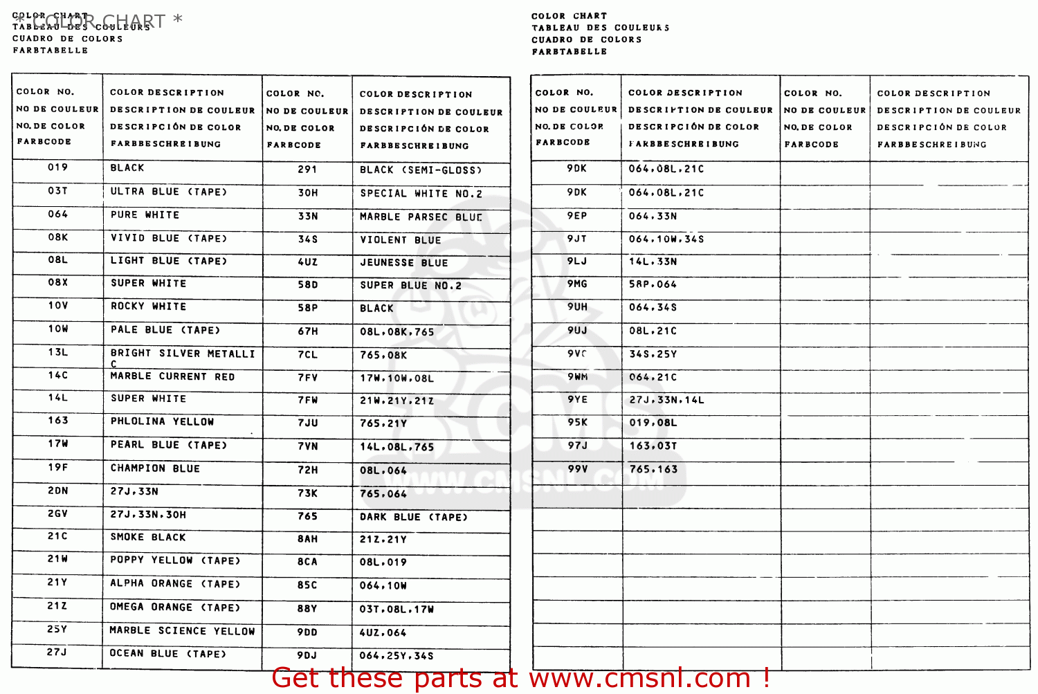 * COLOR CHART * DR600S 1987 (H) (E01 E02 E04 E06 E15 E16 E17 E18 E21 E22 E24 E25
