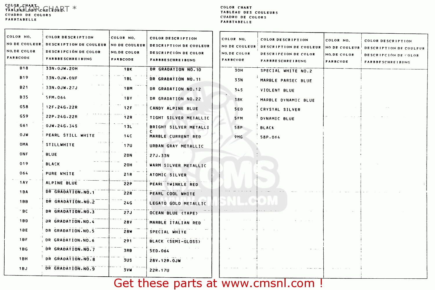 * COLOR CHART * DR650RS 1991 (M) (2 4 15 E16 E17 E18 E21 E22 E24 E25 E34 E39 E53