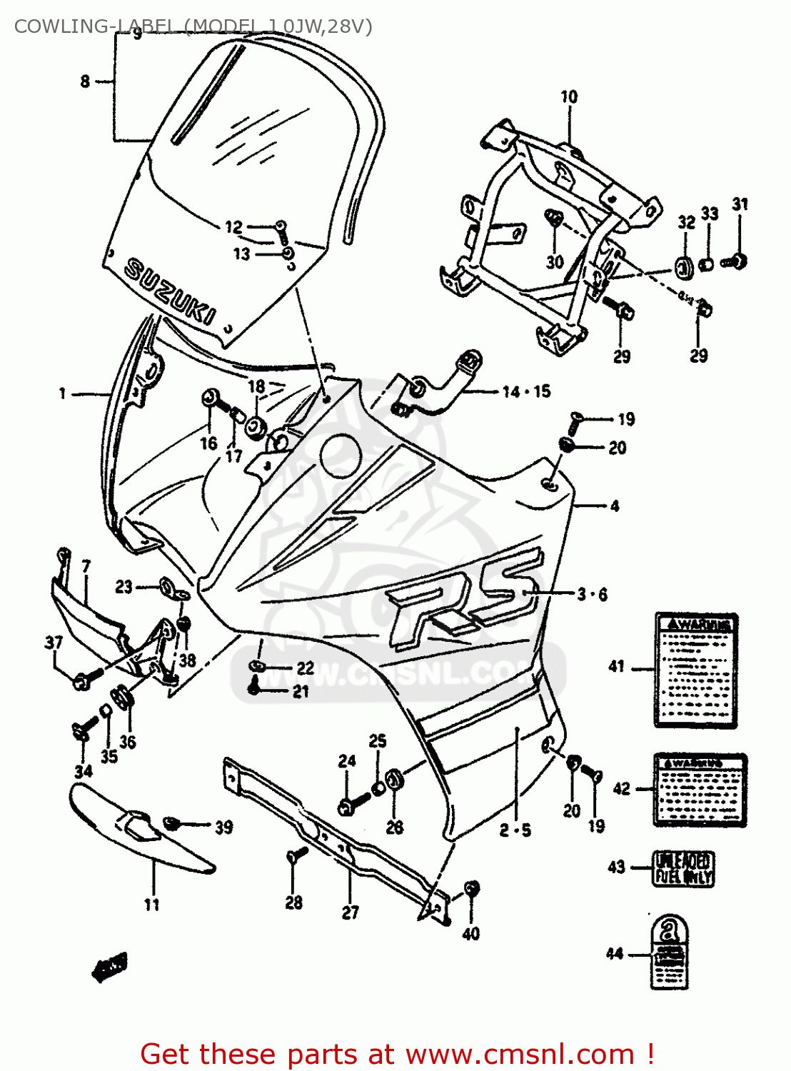 COWLING-LABEL (MODEL J 0JW,28V) DR650RS 1991 (M) (2 4 15 E16 E17 E18 E21 E22 E24 E25 E34 E39 E53