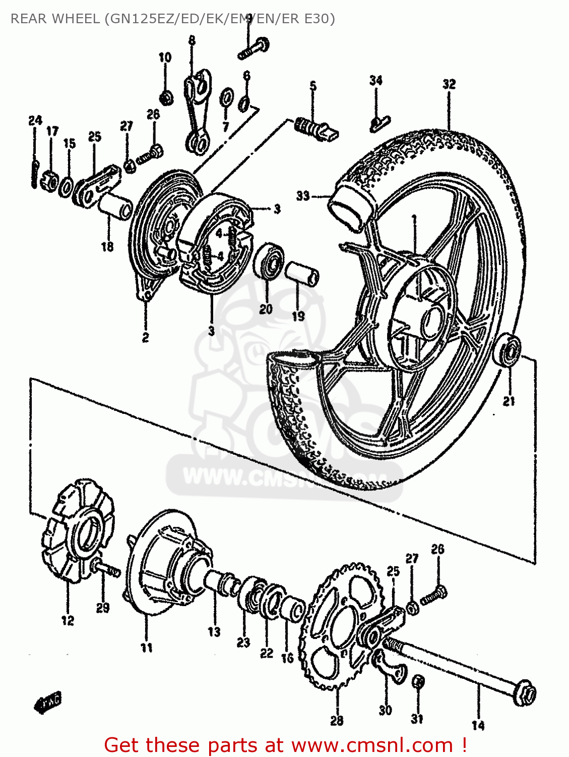 REAR WHEEL (GN125EZ/ED/EK/EM/EN/ER E30) GN125 1983 (D) (E01 E04 E18)