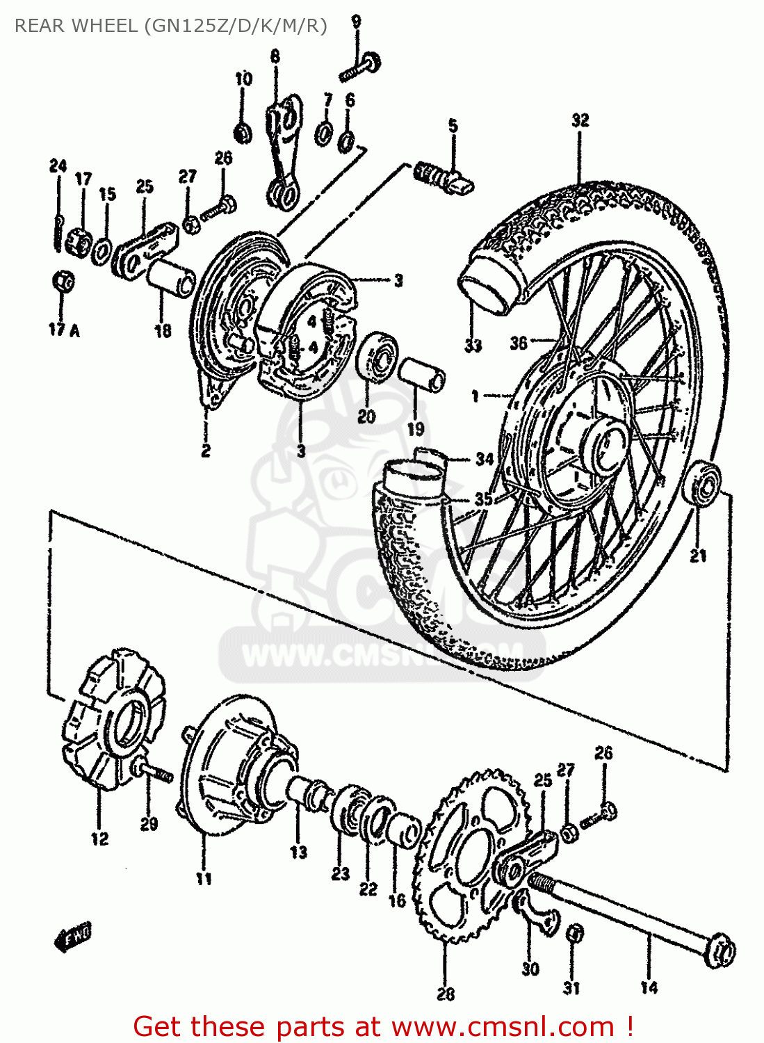 REAR WHEEL (GN125Z/D/K/M/R) GN125 1991 (M) (E01 E02 E04 E21 E34)