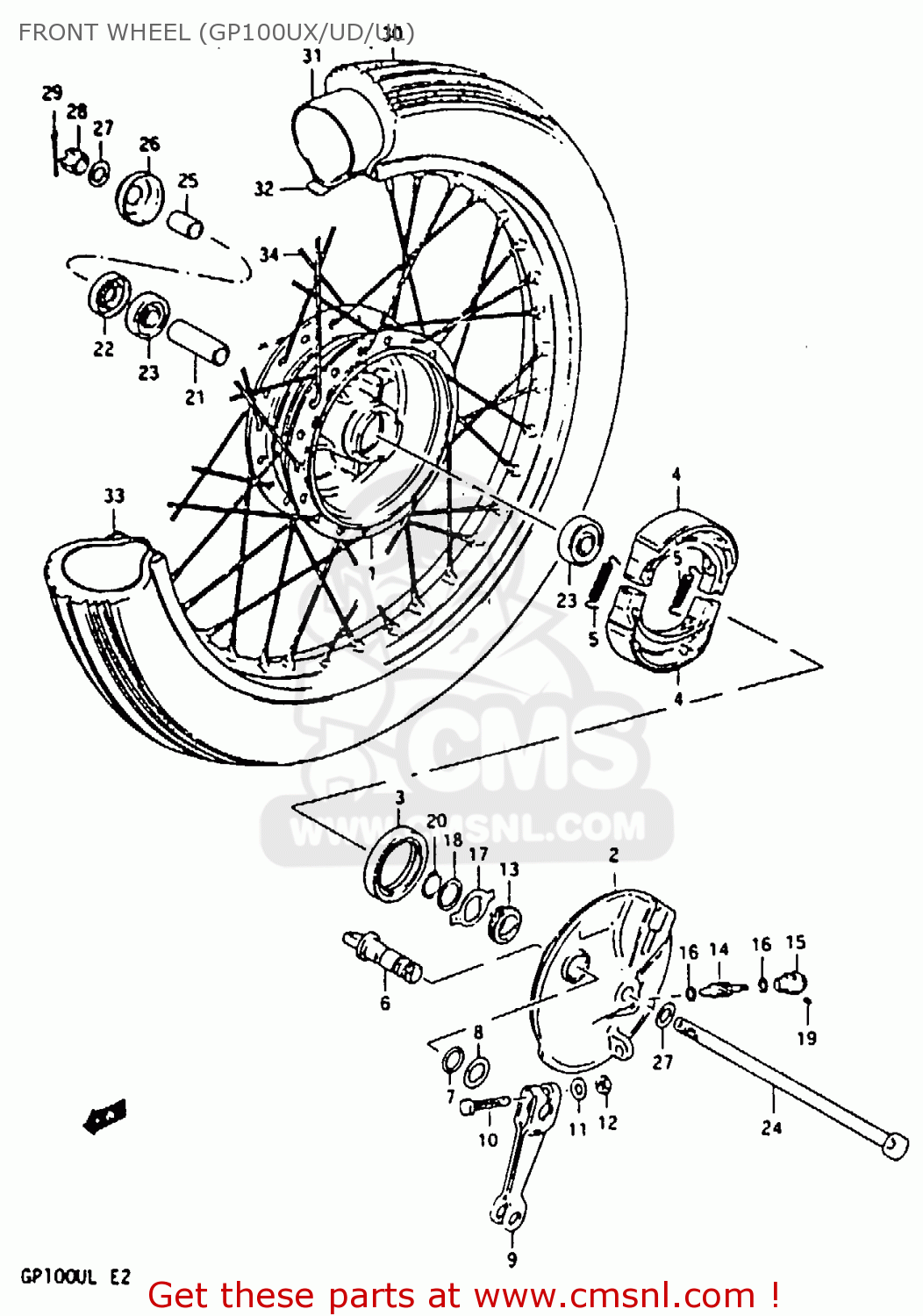 FRONT WHEEL (GP100UX/UD/UL) GP100 1983 (D) UNITED KINGDOM (E02)