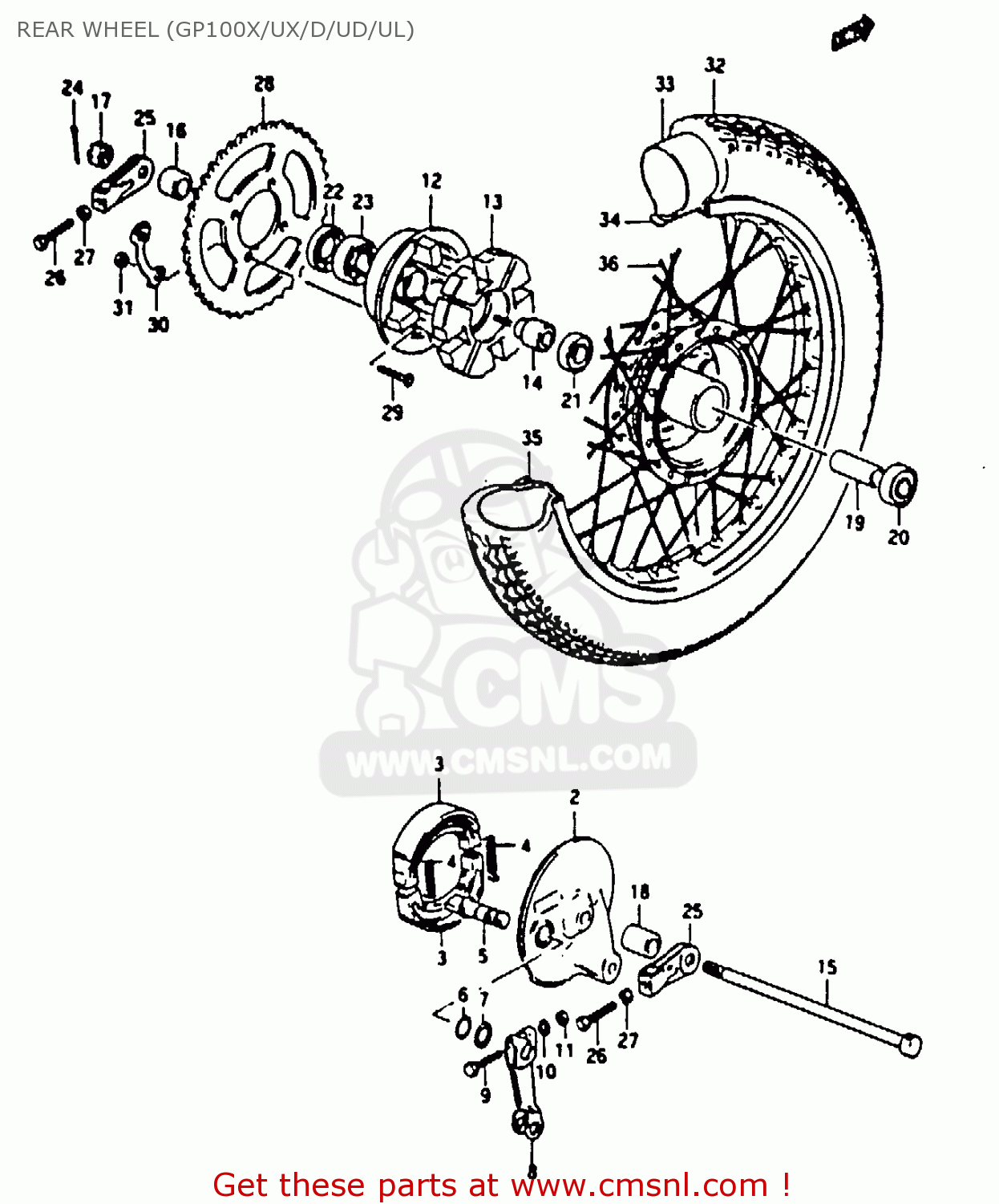 REAR WHEEL (GP100X/UX/D/UD/UL) GP100U 1981 (X) UNITED KINGDOM (E02)