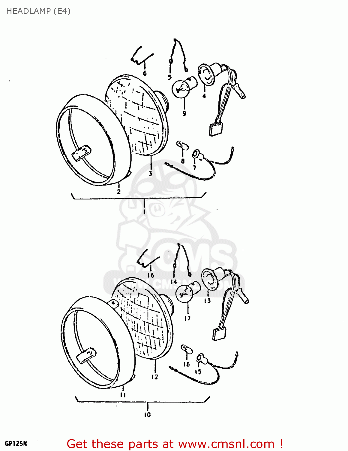 HEADLAMP (E4) GP125U 1979 (N) (01 02 04 06 10 13 14 17 18 21 22 24 32 35 41 42