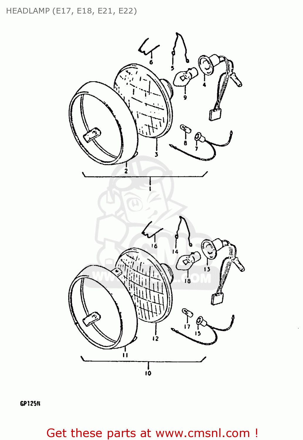 HEADLAMP (E17, E18, E21, E22) GP125U 1979 (N) (01 02 04 06 10 13 14 17 18 21 22 24 32 35 41 42