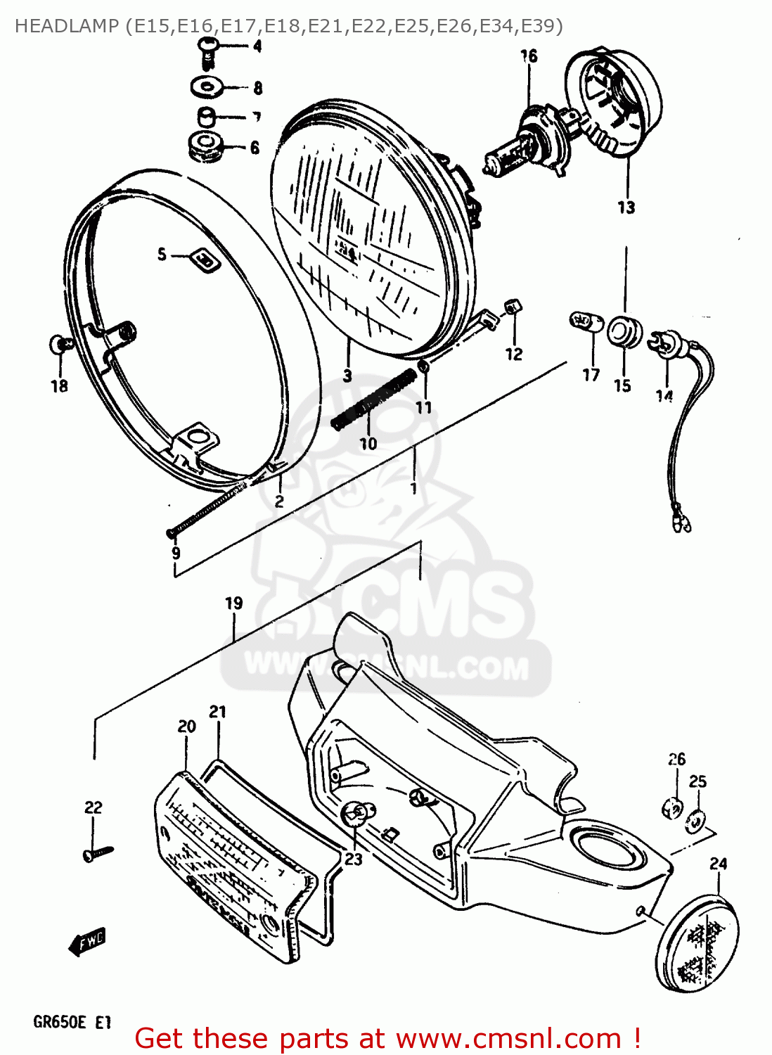 HEADLAMP (E15,E16,E17,E18,E21,E22,E25,E26,E34,E39) GR650X 1983 (D) (E01 E02 E06 E22 E24 E39)