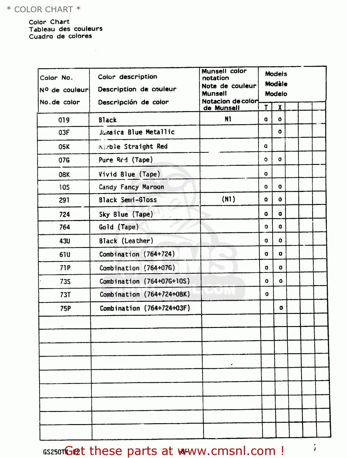 * COLOR CHART * GS250T 1980 (T) UNITED KINGDOM (E02)