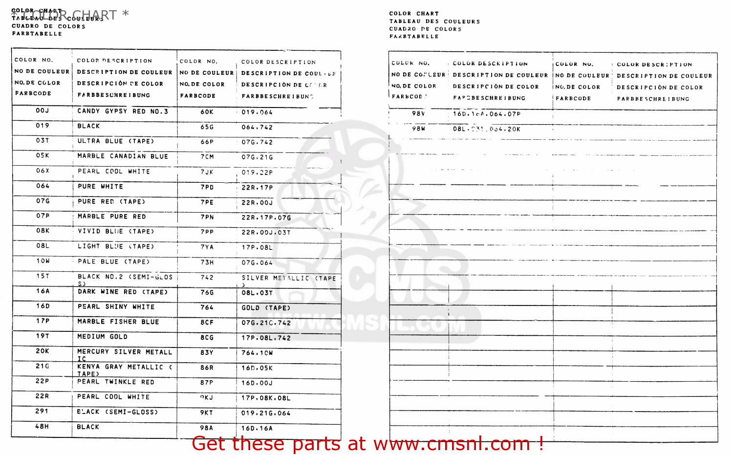* COLOR CHART * GS450S 1988 (J) (E04 E22 E34 E77)