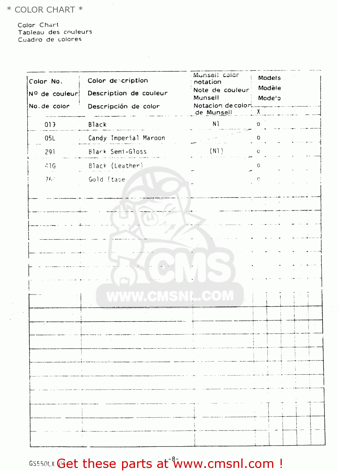 * COLOR CHART * GS550L 1981 (X) (E01 E02 E04 E21 E22 E24 E25 E26 E34 E39)