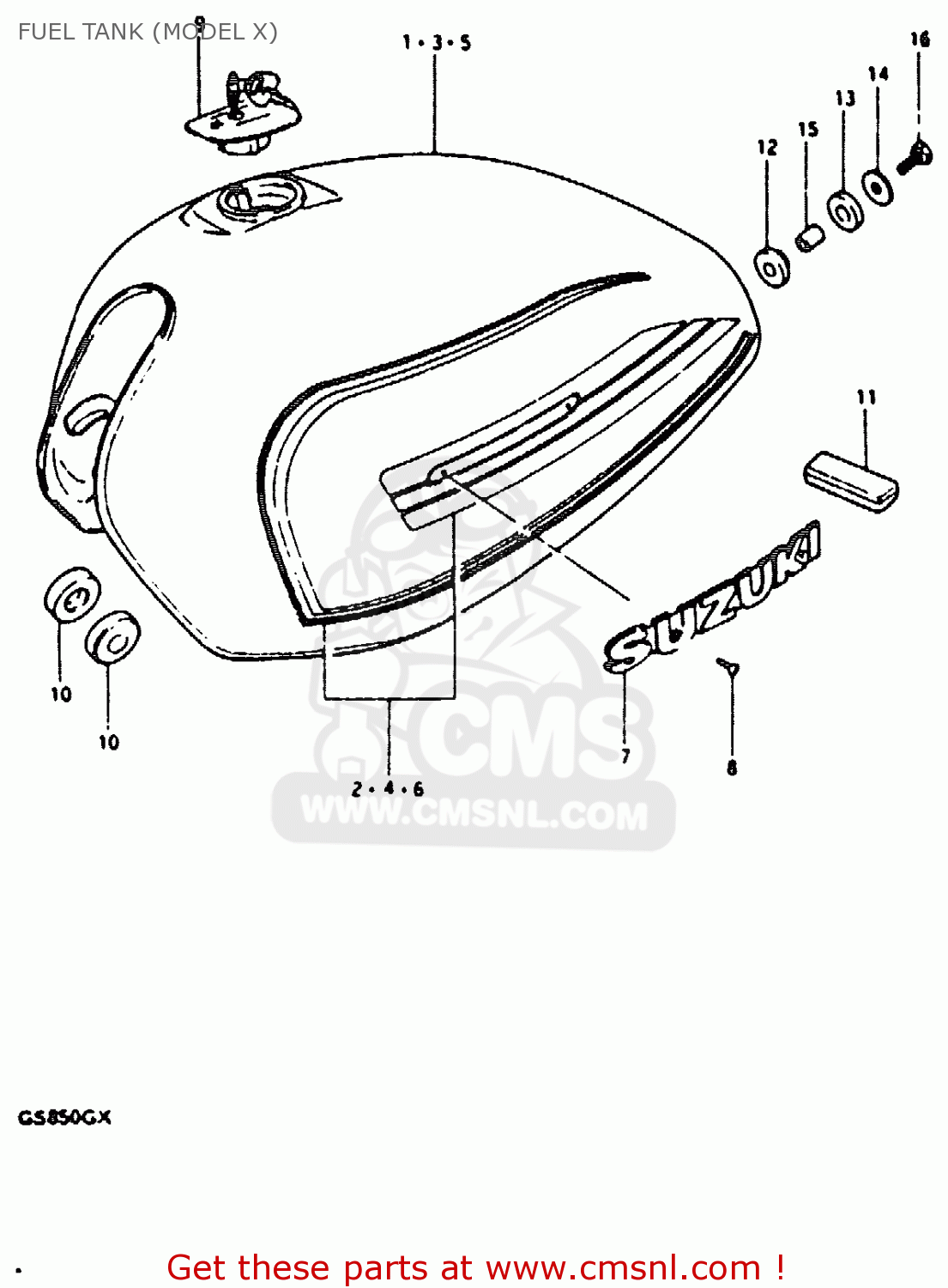 FUEL TANK (MODEL X) GS850G 1981 (X) (E01 E02 E04 E17 E18 E21 E22 E24 E25 E26 E34 E39