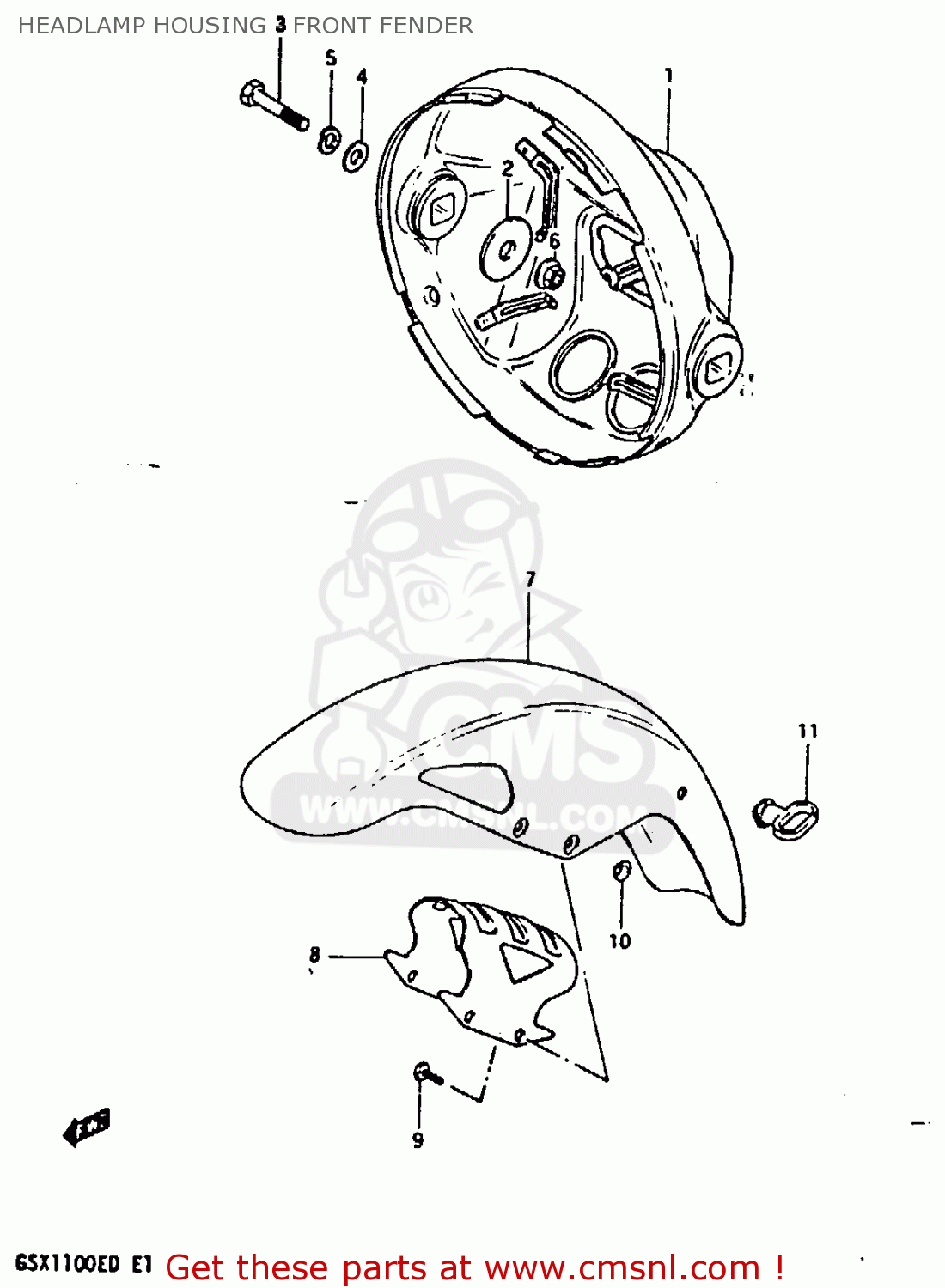 HEADLAMP HOUSING - FRONT FENDER GSX1100 1983 (D) GENERAL EXPORT UNITED KINGDOM (E01 E02)