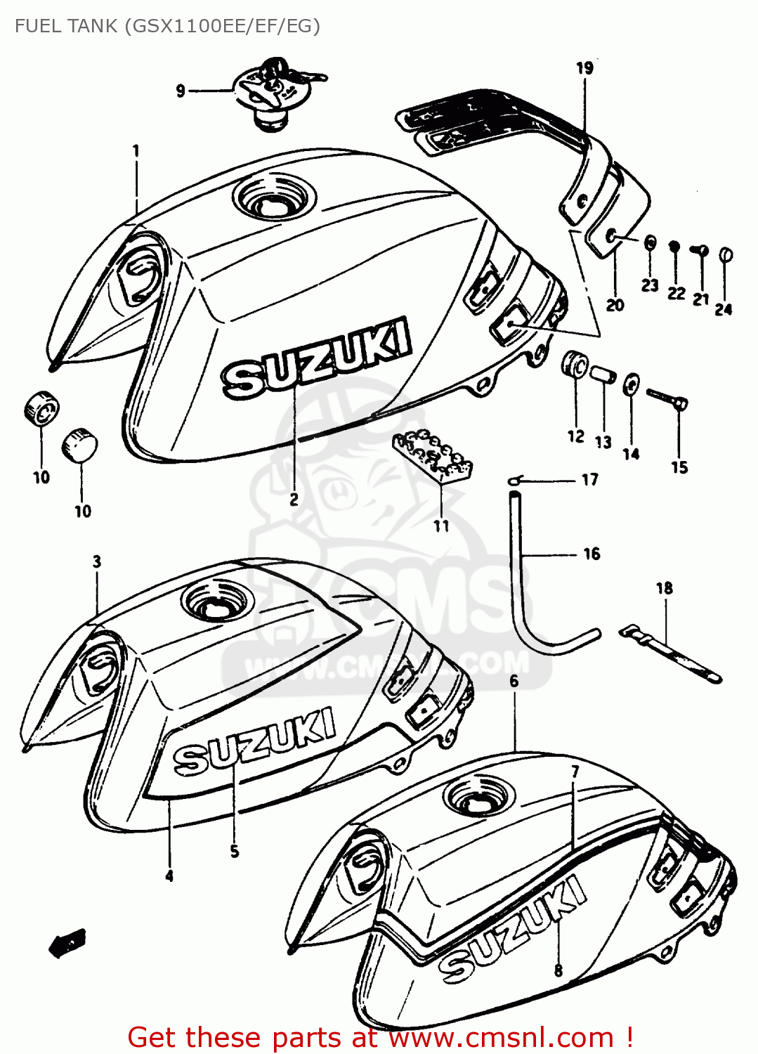 FUEL TANK (GSX1100EE/EF/EG) GSX1100E 1986 (G) UNITED KINGDOM GERMANY (E02 E22)