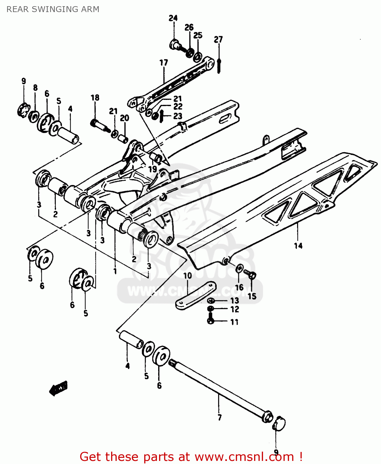 REAR SWINGING ARM GSX1100EF 1985 (F) (E01 E02 E04 E15 E16 17 18 21 22 24 25 34 39)