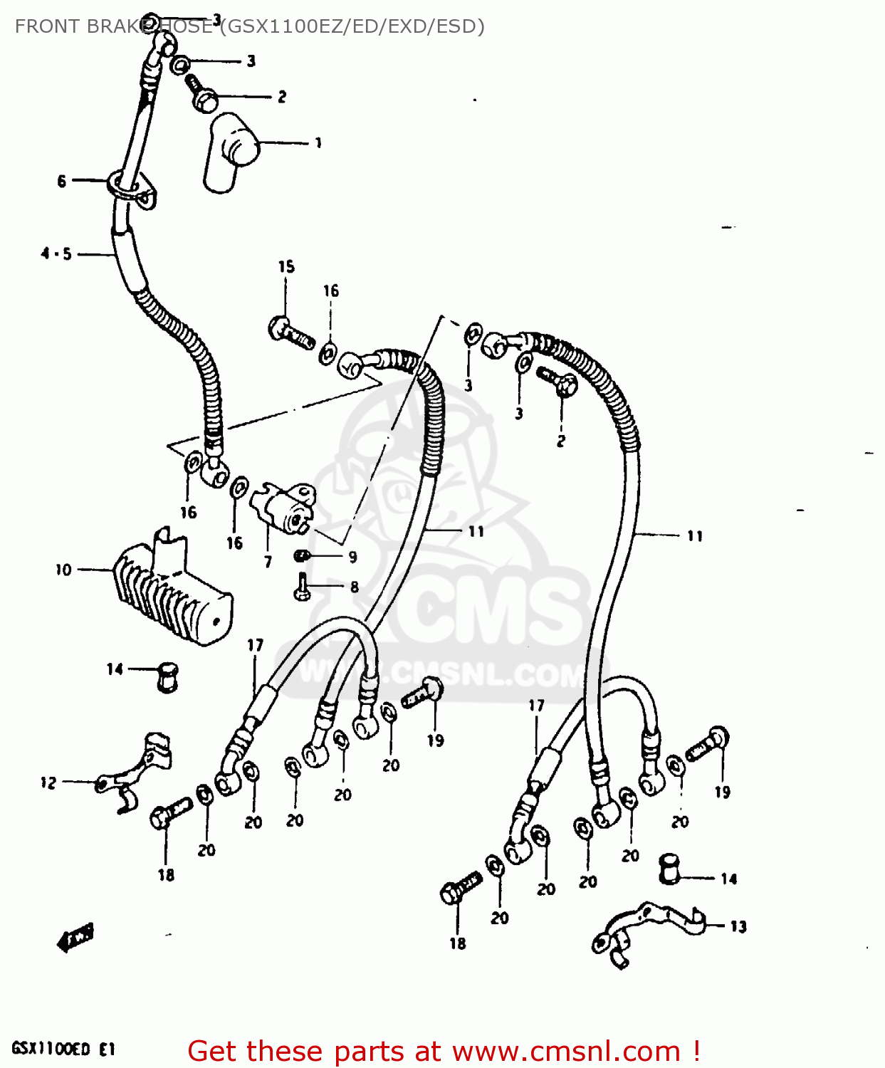 FRONT BRAKE HOSE (GSX1100EZ/ED/EXD/ESD) GSX1100ES 1983 (D) UNITED KINGDOM GERMANY (E02 E22)