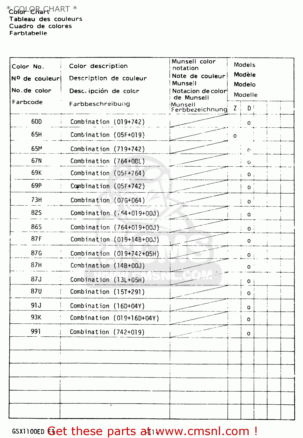 * COLOR CHART * GSX1100EX 1983 (D) (E02)