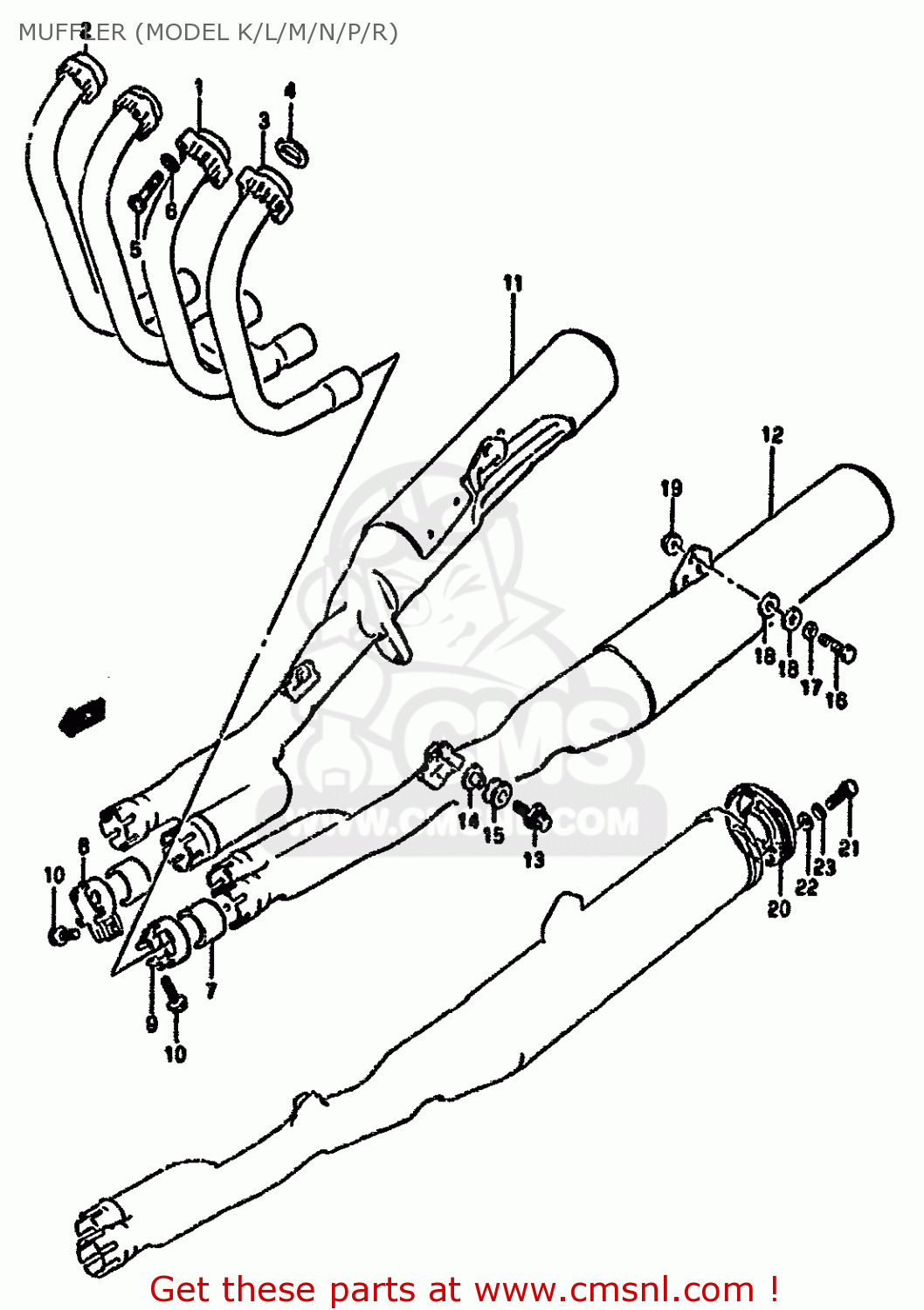 MUFFLER (MODEL K/L/M/N/P/R) GSX1100F 1992 (N) (E01 E02 E04 15 16 17 18 21 22 24 25 34 39 53)