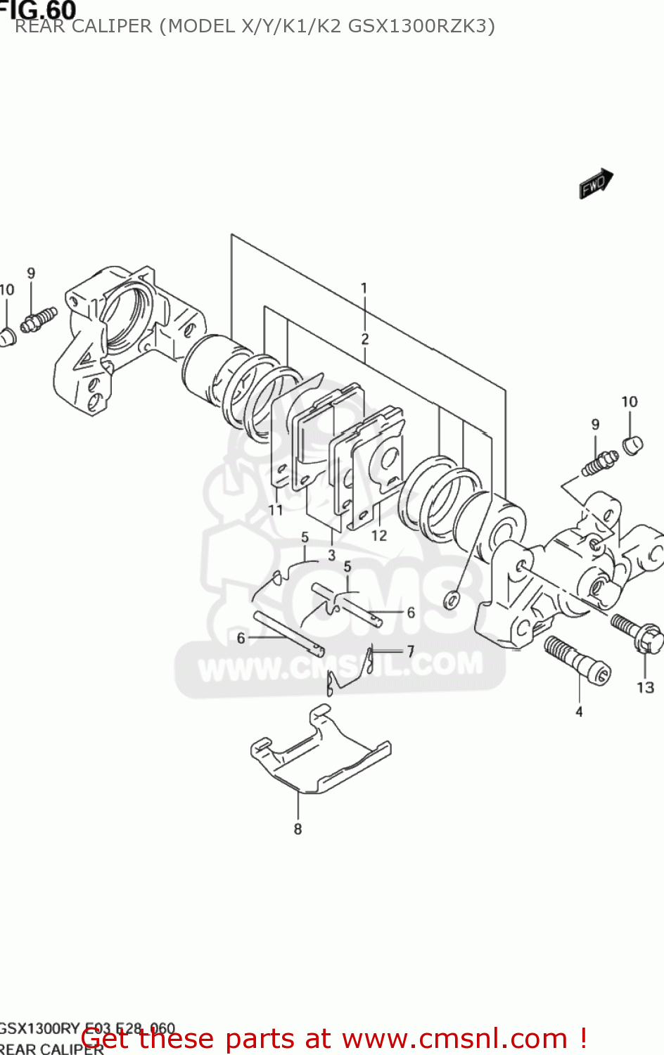 REAR CALIPER (MODEL X/Y/K1/K2 GSX1300RZK3) GSX1300RZ HAYABUSA 2003 (K3) USA (E03)