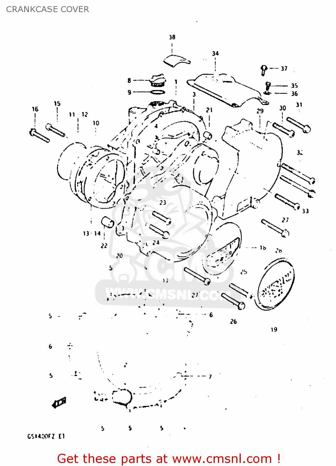 CRANKCASE COVER GSX400F 1981 (X) (E01 E02 04 06 15 16 18 21 22 24 25 26 34 39 48