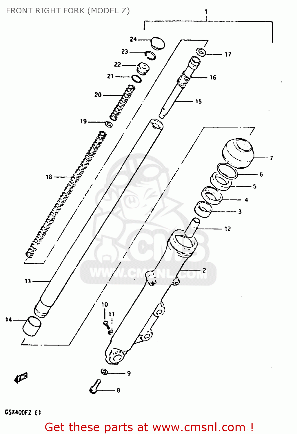 FRONT RIGHT FORK (MODEL Z) GSX400F 1982 (Z) 01 02 04 06 15 16 17 18 21 22 24 25 26 34 39 48