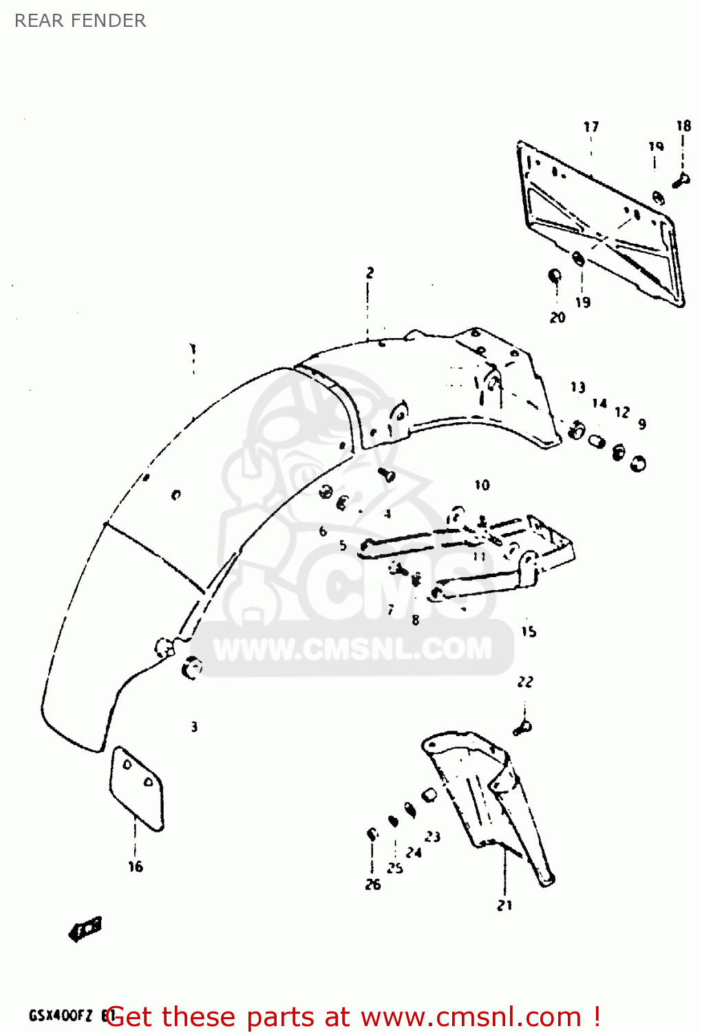 REAR FENDER GSX400F 1982 (Z) 01 02 04 06 15 16 17 18 21 22 24 25 26 34 39 48