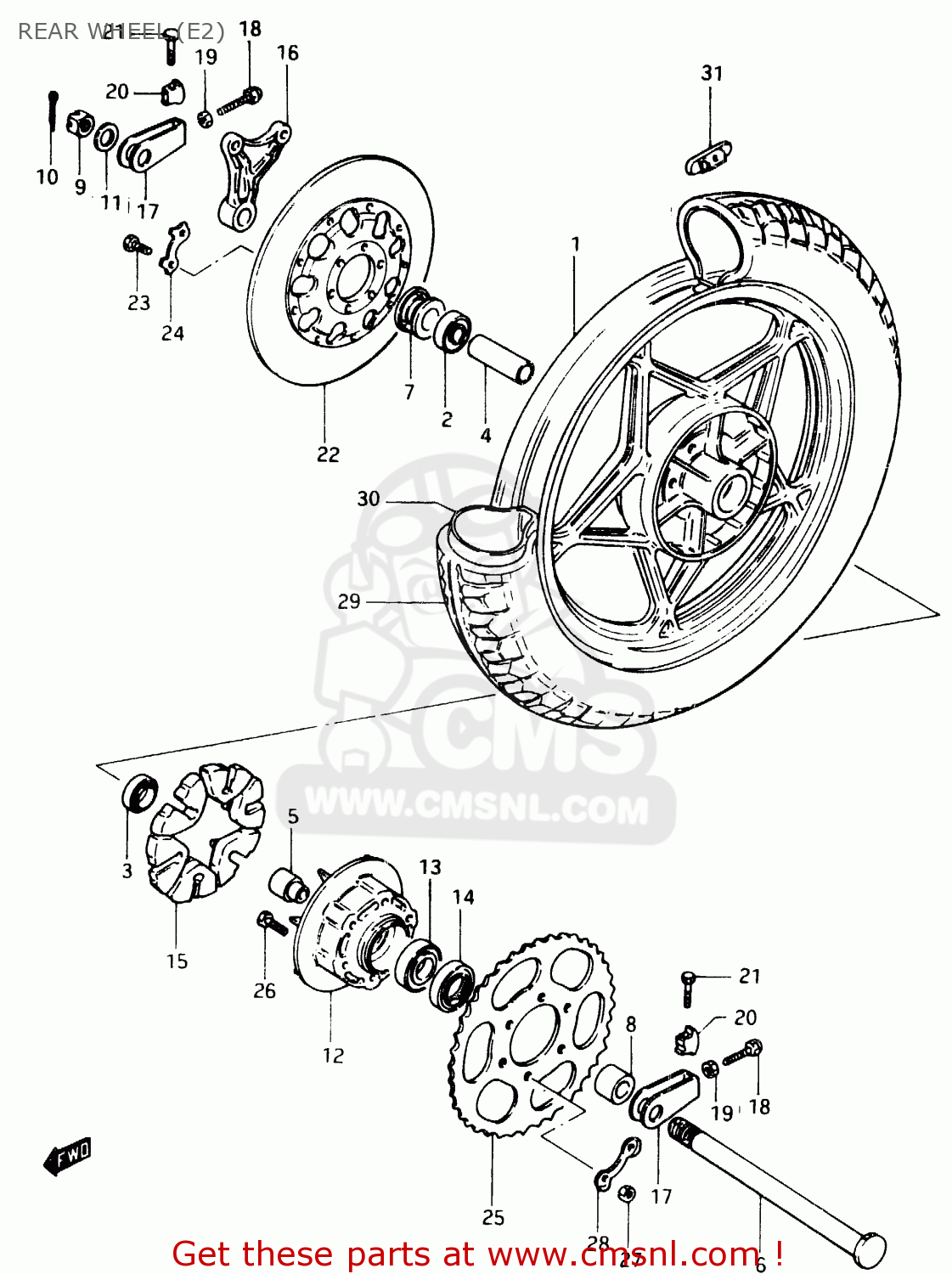 REAR WHEEL (E2) GSX400F 1983 (D) (E01 E02 E04 E06 E16 E17 E21 E24 E25 E26 34 48)