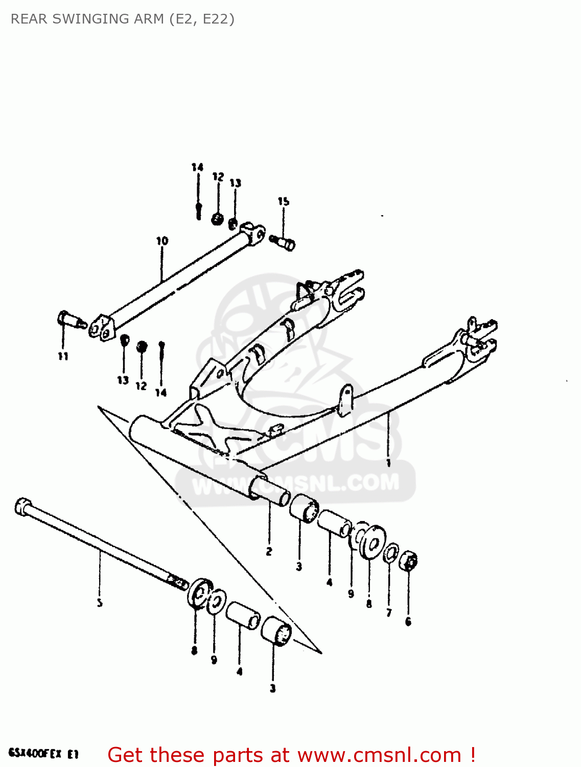 REAR SWINGING ARM (E2, E22) GSX400FE 1981 (X) (E01 02 04 06 15 16 17 18 21 22 24 25 26 34 39