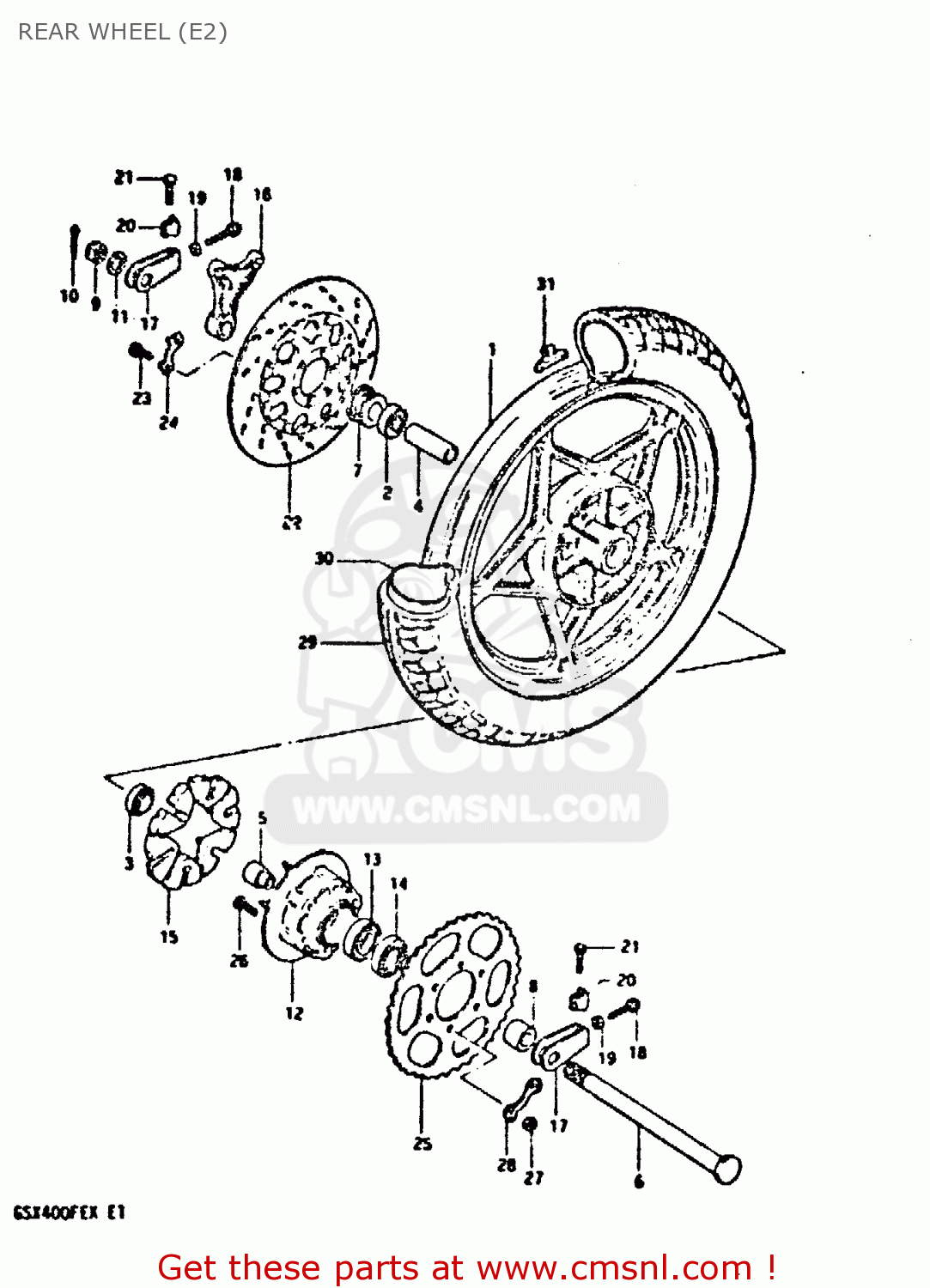 REAR WHEEL (E2) GSX400FE 1981 (X) (E01 02 04 06 15 16 17 18 21 22 24 25 26 34 39