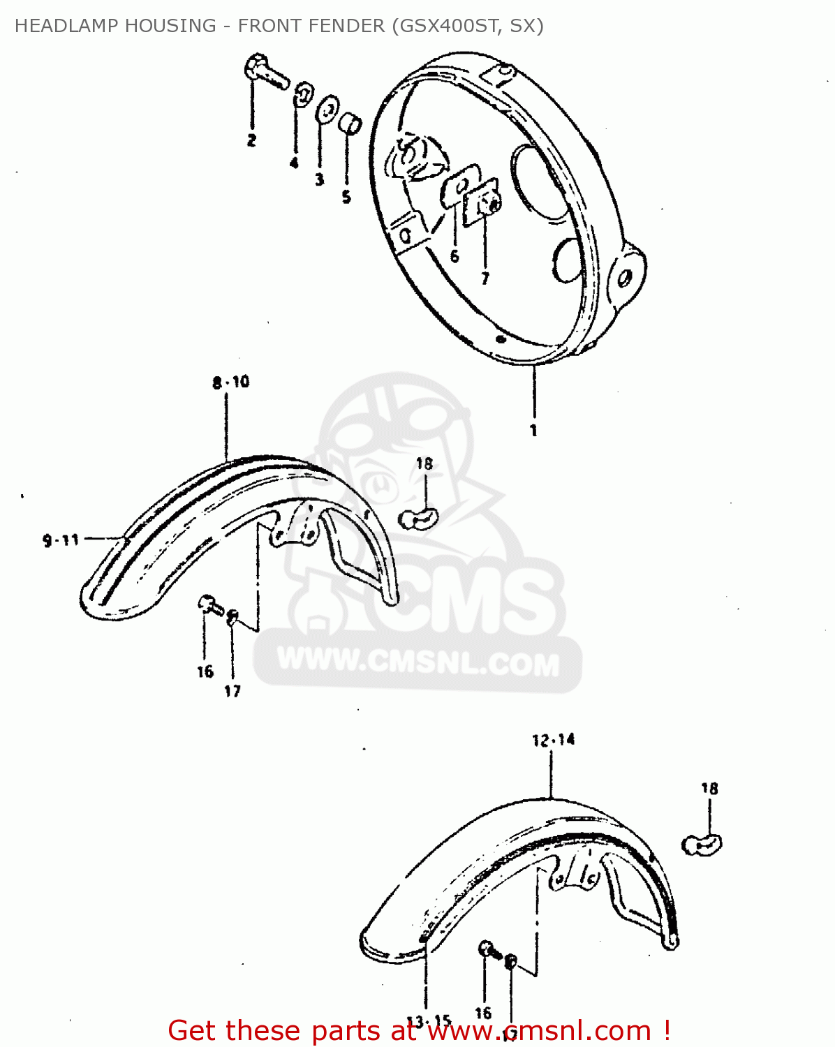 HEADLAMP HOUSING - FRONT FENDER (GSX400ST, SX) GSX400S 1981 (X) UNITED KINGDOM FRANCE GERMANY (E02 E04 E22)