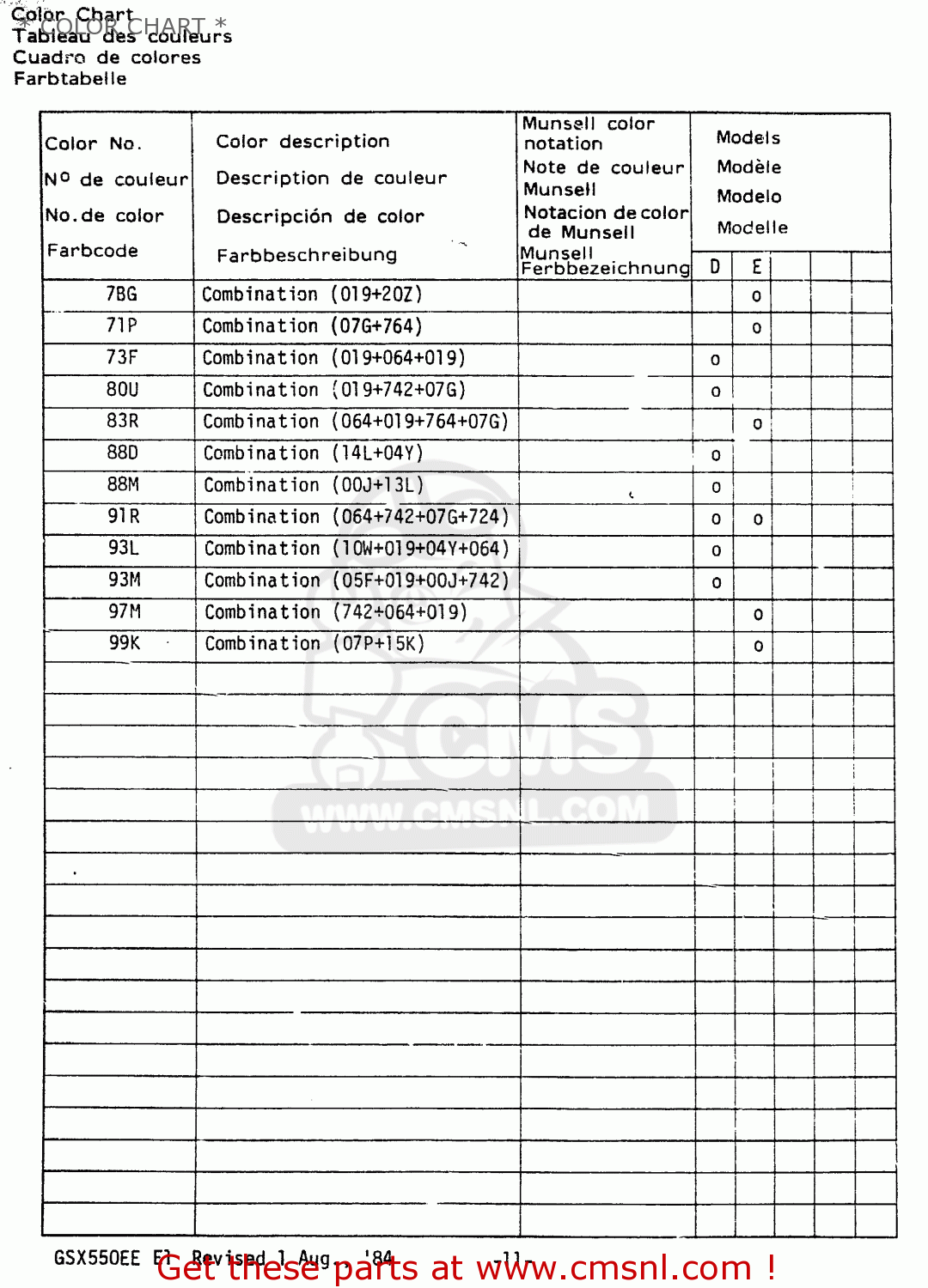 * COLOR CHART * GSX550E 1984 (E) (E01 E06 E16 E17 E18 E21 E24 E25 E26 E34 E39)