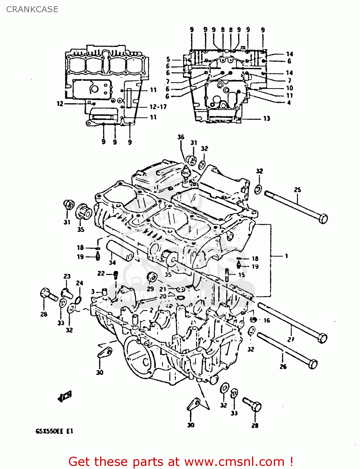 CRANKCASE GSX550ES 1983 (D) (E01 02 04 06 15 16 17 18 21 22 24 25 26 34 39