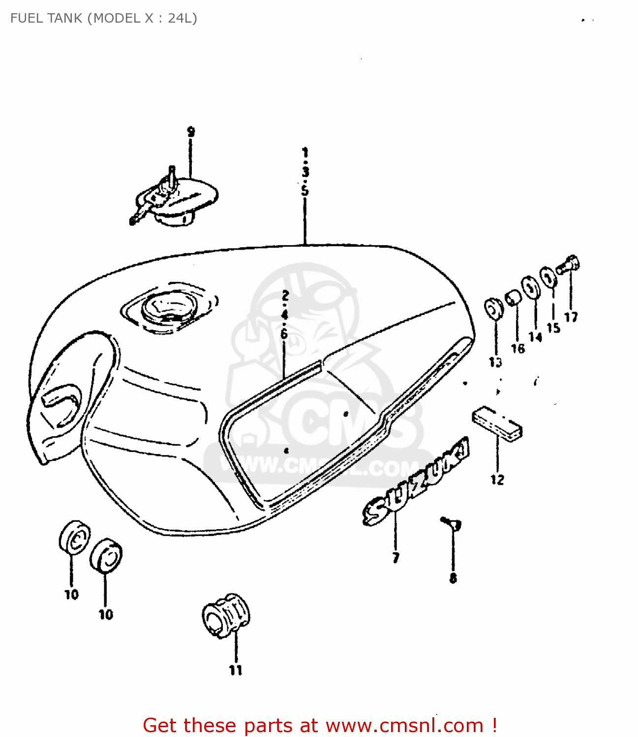FUEL TANK (MODEL X : 24L) GSX750E 1980 (T) (01 02 04 6 16 17 18 21 22 24 25 26 27 30 34 39