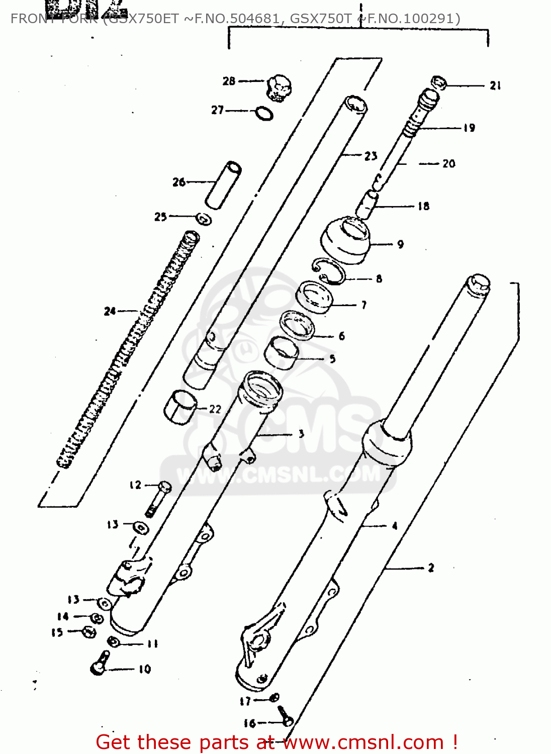 FRONT FORK (GSX750ET ~F.NO.504681, GSX750T ~F.NO.100291) GSX750E 1981 (X) (1 2 4 6 15 16 17 18 21 22 24 25 26 27 30 34 39