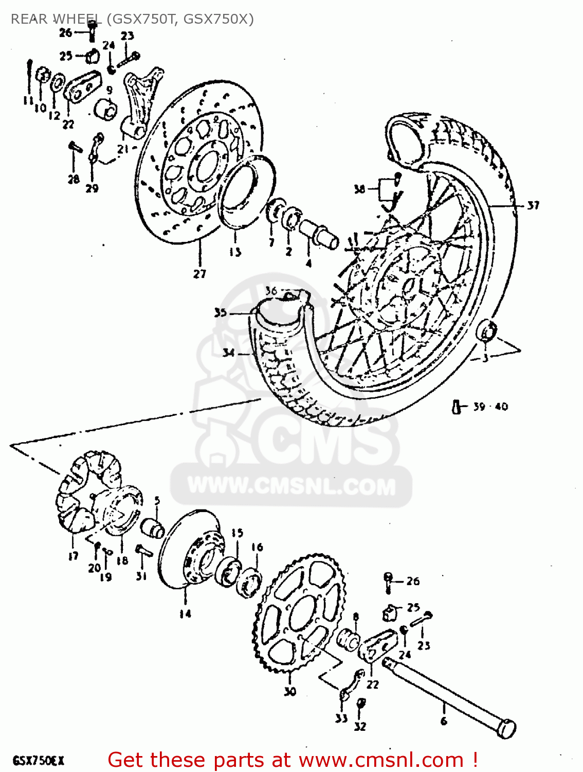 REAR WHEEL (GSX750T, GSX750X) GSX750E 1981 (X) (1 2 4 6 15 16 17 18 21 22 24 25 26 27 30 34 39
