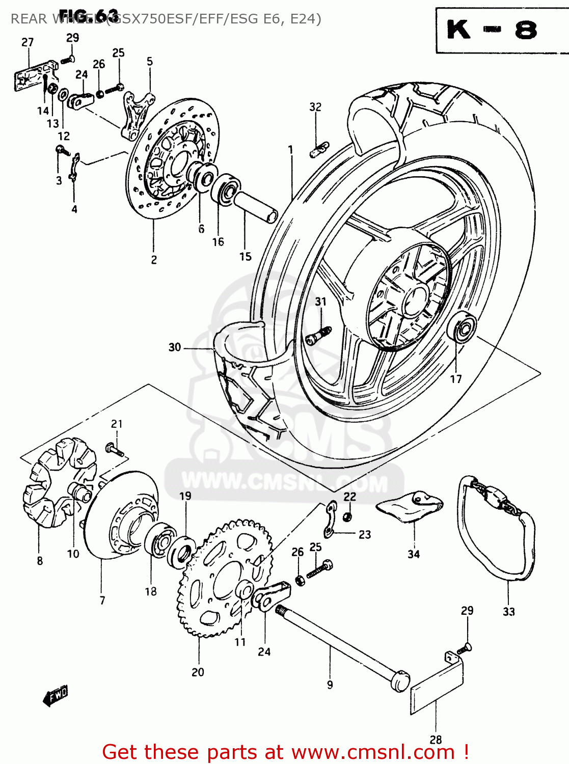 REAR WHEEL (GSX750ESF/EFF/ESG E6, E24) GSX750E 1985 (F) (E01 E02 E21 E24)