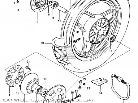 REAR WHEEL (GSX750ESF/EFF/ESG E6, E24) - GSX750EF 1985 (F) (E01 E02 E04 06 15 16 17 18 21 22 24 25 34 39)