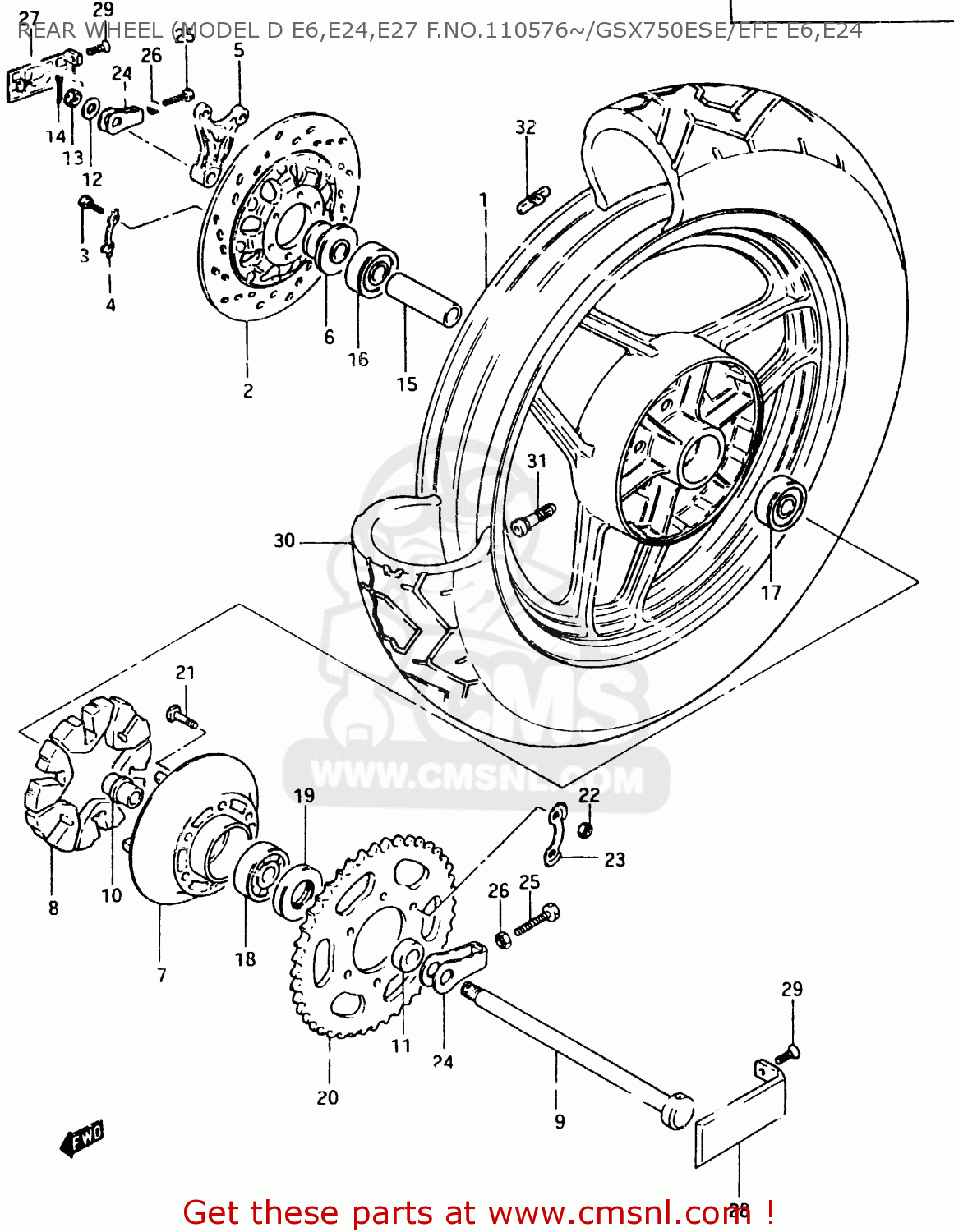 REAR WHEEL (MODEL D E6,E24,E27 F.NO.110576~/GSX750ESE/EFE E6,E24 GSX750ES 1983 (D) 1 2 4 6 15 16 17 18 21 22 24 25 26 27 30 34 39