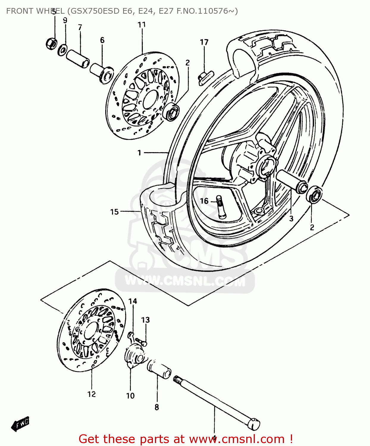 FRONT WHEEL (GSX750ESD E6, E24, E27 F.NO.110576~) GSX750ES 1984 (E) (E01 E02 4 6 15 16 17 18 21 22 24 25 34 39 53)