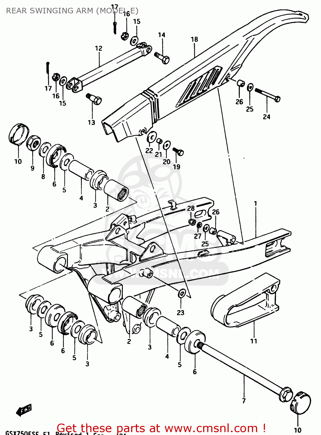 REAR SWINGING ARM (MODEL E) GSX750ES 1984 (E) (E01 E02 4 6 15 16 17 18 21 22 24 25 34 39 53)