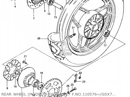 REAR WHEEL (MODEL D E6,E24,E27 F.NO.110576~/GSX750ESE/EFE E6,E24 - GSX750ES 1984 (E) (E01 E02 4 6 15 16 17 18 21 22 24 25 34 39 53)