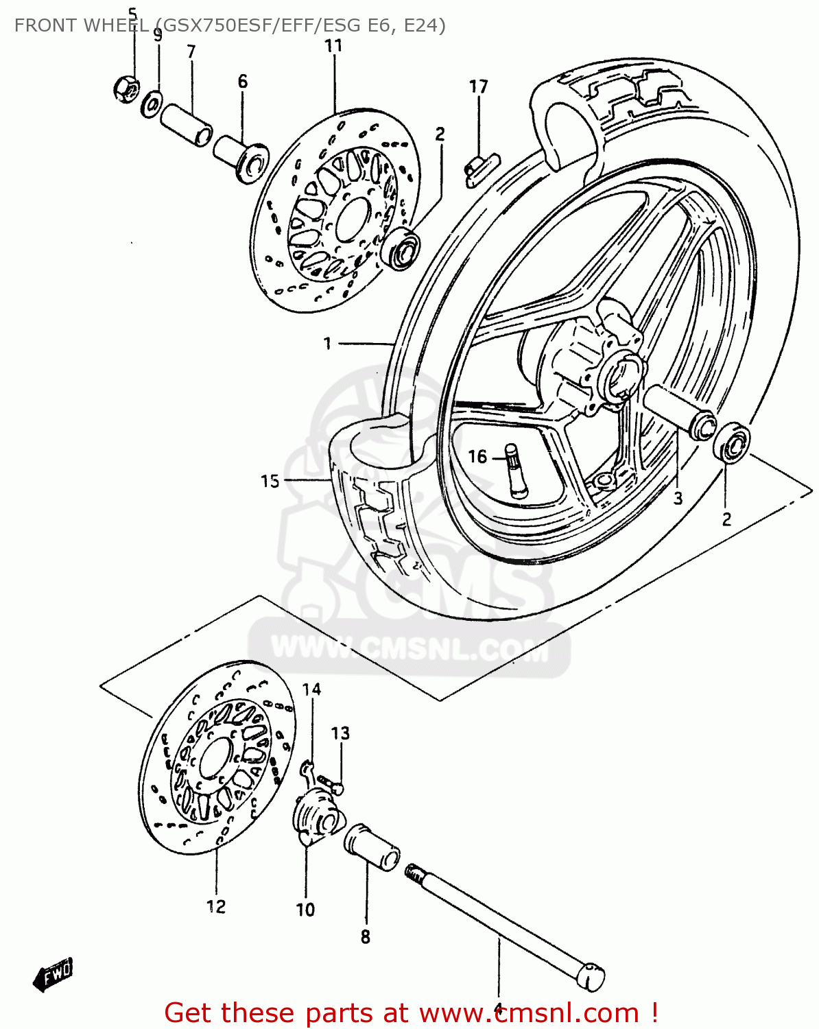 FRONT WHEEL (GSX750ESF/EFF/ESG E6, E24) GSX750ES 1985 (F) (E01 E2 E4 E6 E15 E16 17 22 24 25 26 34 39 53)