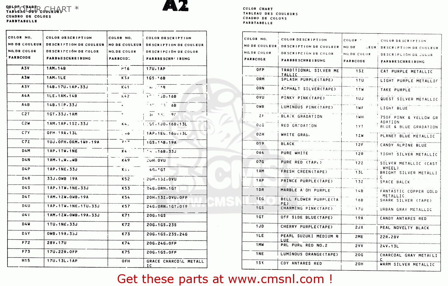* COLOR CHART * GSX750F 1991 (M) (E01 E02 E04 E15 E16 17 18 21 22 24 25 34 39 53