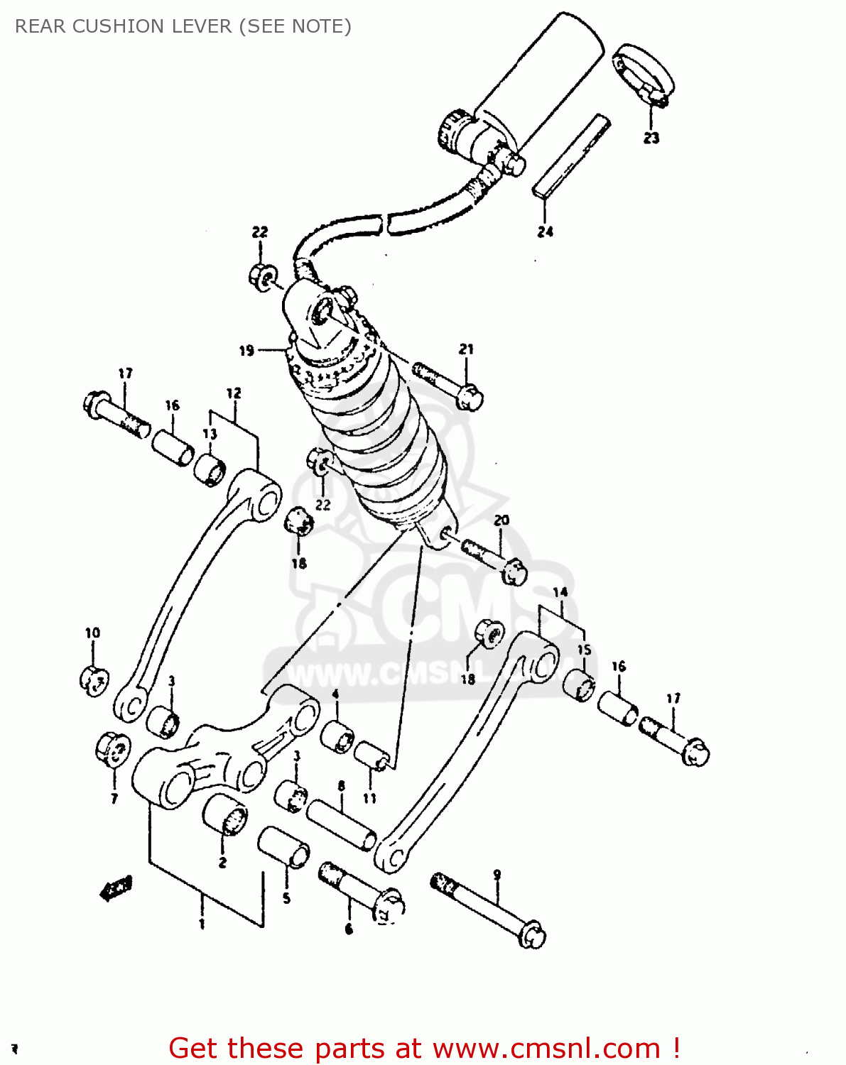 REAR CUSHION LEVER (SEE NOTE) GSX750F 1993 (P) (E01 E02 E04 E18 E21 E22 E24 E25 E30 E34 E53)