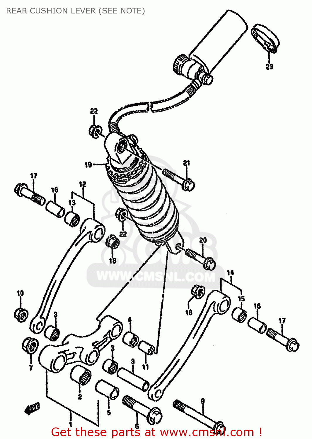 REAR CUSHION LEVER (SEE NOTE) GSX750F 1996 (T) (E02 E04 E18 E22 E24 E25 E34)
