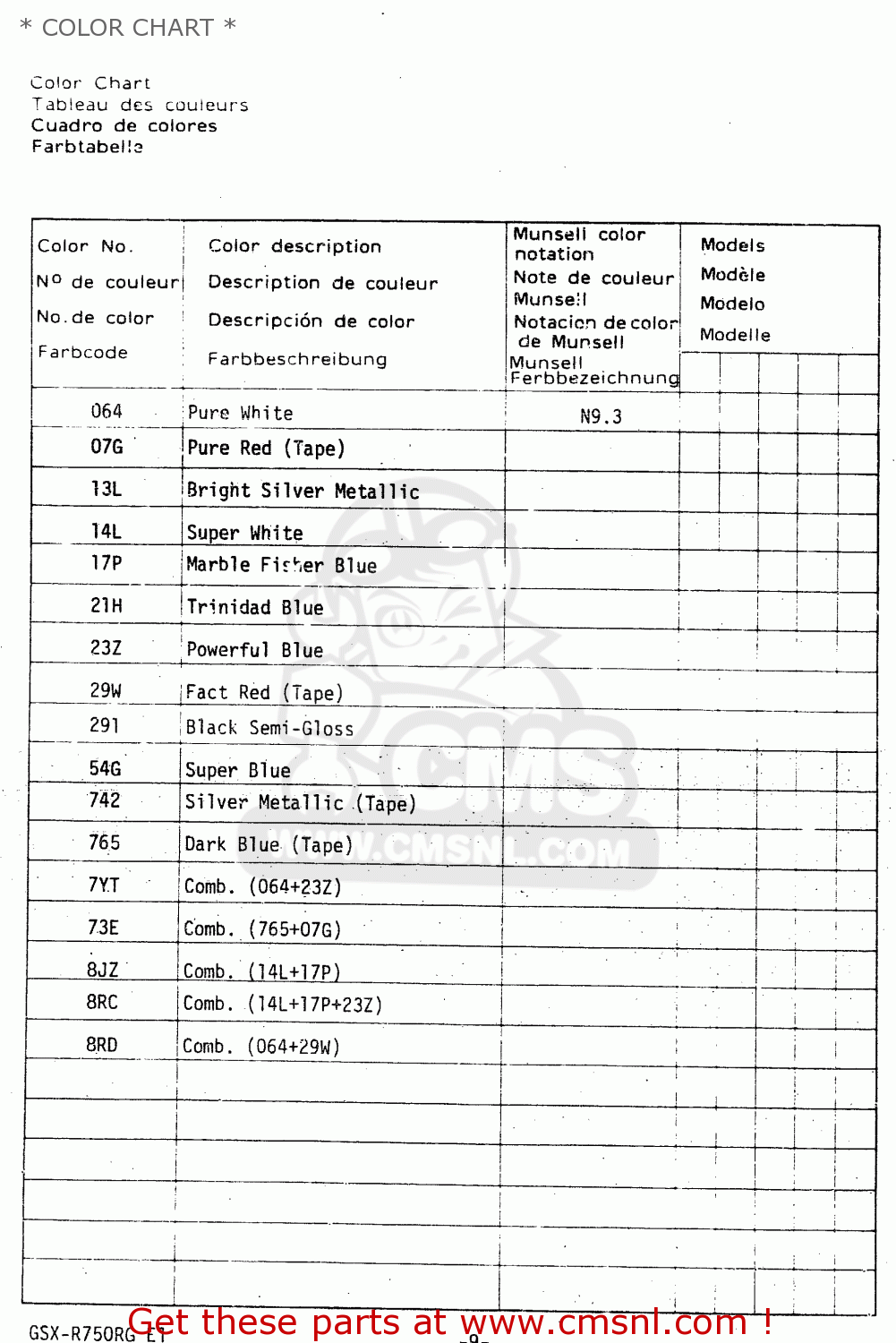 * COLOR CHART * GSX750R 1986 (G) GENERAL EXPORT (E01)