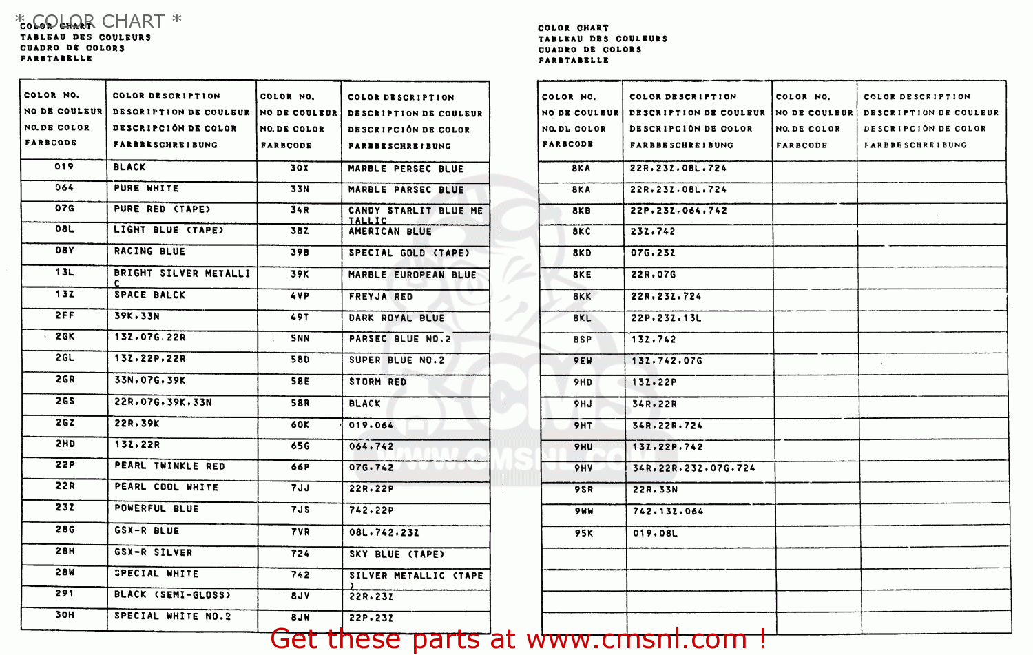 * COLOR CHART * GSXR1100 1986 (G) (E01 E02 4 6 15 16 17 18 21 22 24 25 34 39 53)