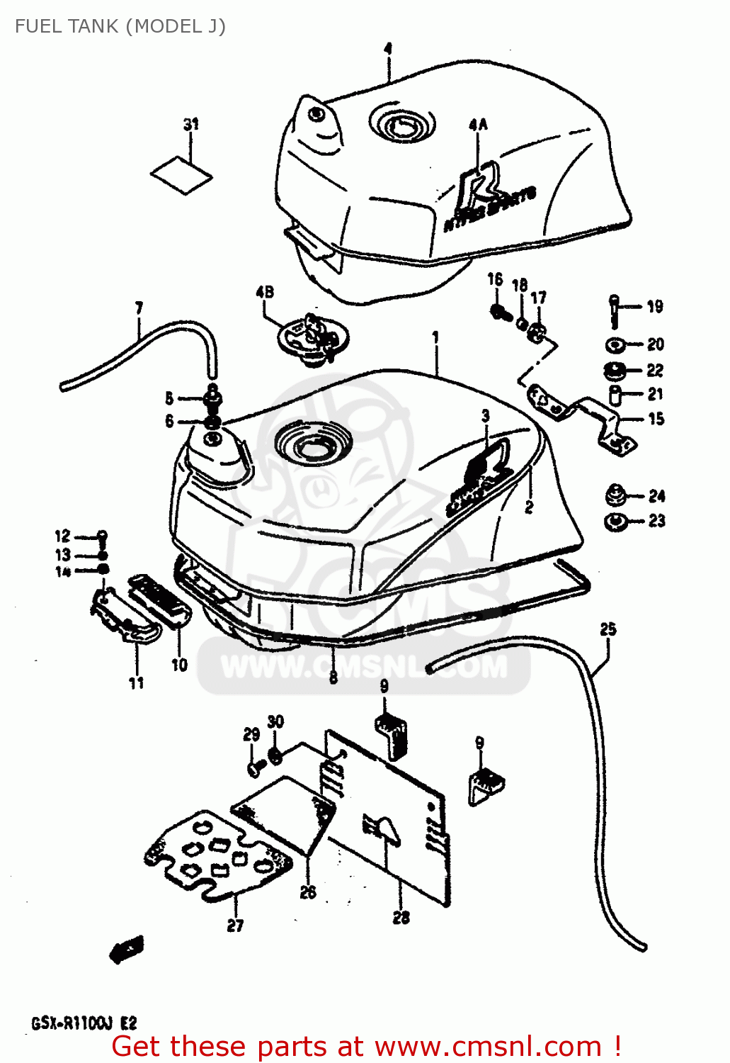 FUEL TANK (MODEL J) GSXR1100 1986 (G) (E01 E02 4 6 15 16 17 18 21 22 24 25 34 39 53)