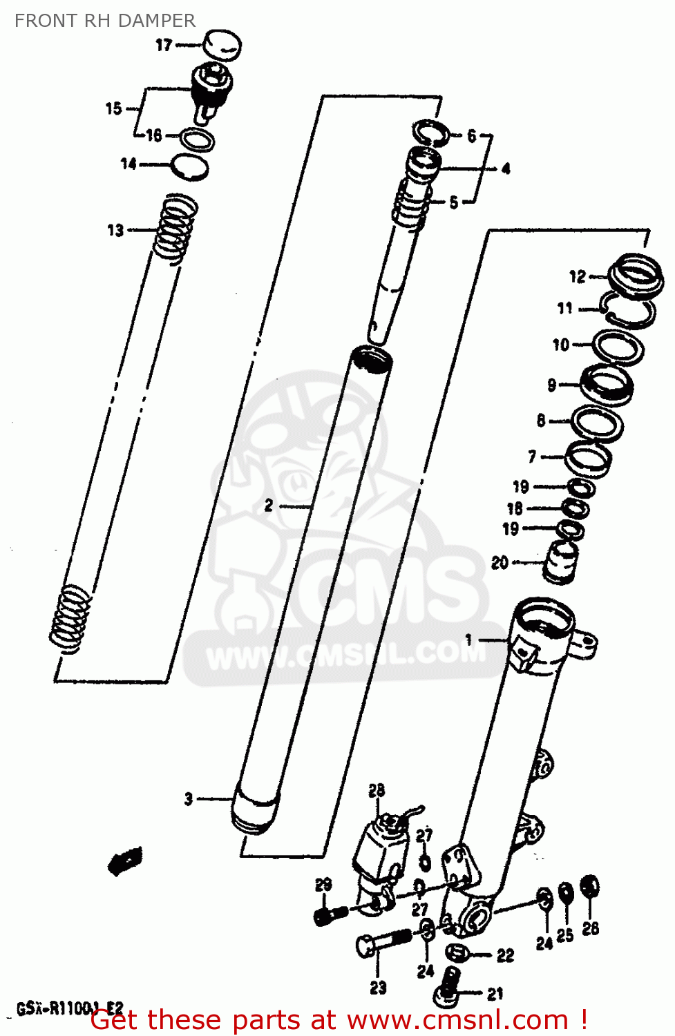 FRONT RH DAMPER GSXR1100 1986 (G) (E01 E02 4 6 15 16 17 18 21 22 24 25 34 39 53)