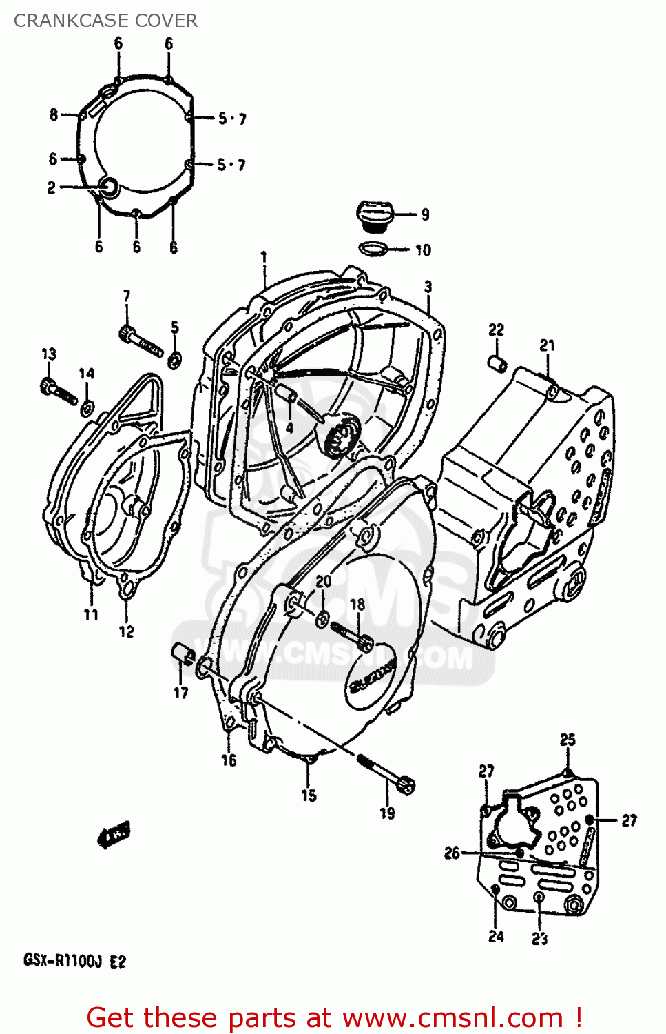 CRANKCASE COVER GSXR1100 1986 (G) (E01 E02 4 6 15 16 17 18 21 22 24 25 34 39 53)